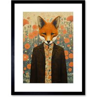 Artery8 Wall Art Print Portrait of Dressed Fox in Suit & Shirt Floral Background Orange Brown Autumn Tones Artwork Framed 9X7 Inch | Size: W7" x H9"