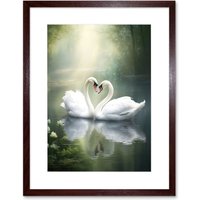 Artery8 Wall Art Print Elegant Love Heart Swans Photo Misty Morning River Scene Love Romance Artwork Framed 9X7 Inch in Brown | Size: W7" x H9"