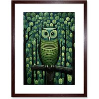 Artery8 Wall Art Print Sage Green Owl Perched in Geometric Forest Night Dusk Artwork Framed 9X7 Inch in Brown | Size: W7" x H9"