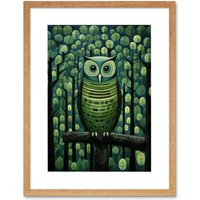 Artery8 Wall Art Print Sage Green Owl Perched in Geometric Forest Night Dusk Artwork Framed 9X7 Inch in Beige | Size: W7" x H9"