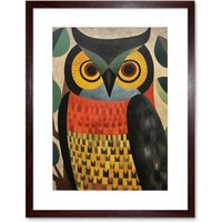Artery8 Wall Art Print Folk Art Geometric Owl Boho Colours Yellow Coral Green Bold but Subtle Artwork Framed 9X7 Inch in Brown | Size: W7" x H9"