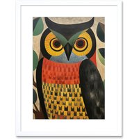Artery8 Wall Art Print Folk Art Geometric Owl Boho Colours Yellow Coral Green Bold but Subtle Artwork Framed 9X7 Inch in White | Size: W7" x H9"