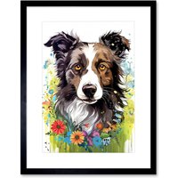 Artery8 Wall Art Print Border Collie Dog Bright Watercolour Painting Floral Portrait with Wildflowers & Butterflies Artwork Framed 9X7 Inch