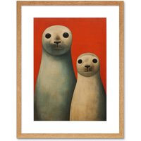 Artery8 Wall Art Print Seal Pups Portrait White Cream On Red Crimson Coral Detailed Oil Painting Artwork Framed 9X7 Inch in Beige | Size: W7" x H9"