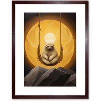 Artery8 Wall Art Print The Lazy Overlord Sloth at Full Moon Abstract Surrealist Painting Artwork Framed 9X7 Inch in Brown | Size: W7" x H9"