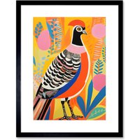 Artery8 Wall Art Print Pleasant Pheasant Bright Bold Vibrant Colourful Grassland Acrylic Painting Artwork Orange Pink Blue Folk Artwork Framed 9X7