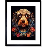 Artery8 Wall Art Print Cockapoo Dog w/ Ornate Collar & Flowers Symmetrical Floral Artwork Orange Pink Blue Tribal Design on Black Artwork Framed 9X7