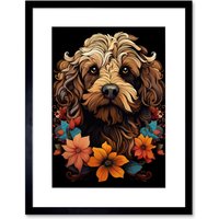 Artery8 Wall Art Print Cockapoo Dog with Flowers Artwork Orange Brown Blue Floral Art Nouveau Portrait on Black Artwork Framed 9X7 Inch