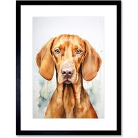 Artery8 Wall Art Print Hungarian Vizsla Dog Soft Watercolour Artwork Golden Rust Teal Bright Portrait Artwork Framed 9X7 Inch | Size: W7" x H9"