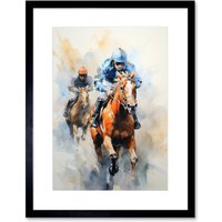 Artery8 Wall Art Print Horseracing Jockeys Racing Horses Action Watercolour Kentucky Derby Grand National Cheltenham Gold Cup Painting Blue Orange