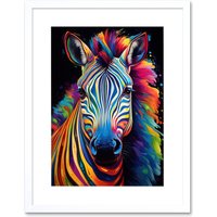 Artery8 Wall Art Print Rainbow Striped Zebra Colourful Vibrant Bold Psychedelic Neon Impact Artwork Framed 9X7 Inch in White | Size: W7" x H9"