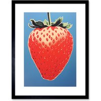 Artery8 Wall Art Print A Single Strawberry Block Colour Artwork Red on Blue Bold Bright Minimalist Kitchen Decor Artwork Framed 9X7 Inch