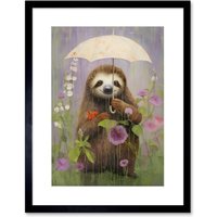 Wall Art Print Picking Flowers Rain Oil Painting Cute Sloth w Umbrella Wildflower Meadow Bedroom Artwork Framed 9X7 Inch