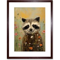 Wall Art Print Gleeful Raccoon Picking Flowers Oil Painting Red Blooms Spring Meadow Landscape Bedroom Artwork Framed 9X7 Inch