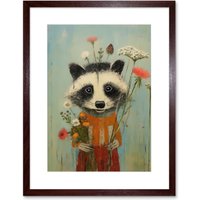Artery8 Wall Art Print Cute Racoon Picking Wildflowers for a Spring Bouquet Oil Painting Amber Orange Baby Blue Kids Bedroom Artwork Framed 9X7 Inch