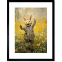 Artery8 Wall Art Print Tulips & Rabbit Watercolour Fun Kids Baby Nursery Artwork Framed 9X7 Inch in Black | Size: W7" x H9"