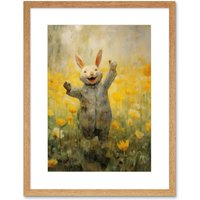 Wall Art Print Tulips & Rabbit Watercolour Fun Nursery Artwork Framed 9X7 Inch W7" x H9"