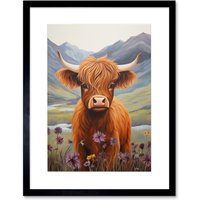 Wall Art Print Bedroom Nursery Artwork Highland Calf Cow Heather & Cornflower Glen Scotland Artwork Framed 9X7 Inch W7" x H9"