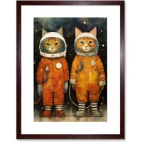 Artery8 Wall Art Print Cosmic Cats in Outer Space Moon Walk Fun Kids Bedroom Artwork Framed 9X7 Inch in Brown | Size: W7" x H9"