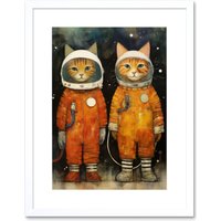 Artery8 Wall Art Print Cosmic Cats in Outer Space Moon Walk Fun Kids Bedroom Artwork Framed 9X7 Inch in White | Size: W7" x H9"
