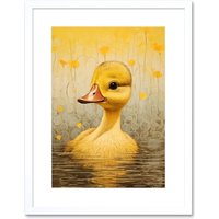 Artery8 Wall Art Print Yellow Duckling Kids Bedroom Baby Nursery Calm Elegant Artwork Framed 9X7 Inch in White | Size: W7" x H9"