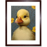 Artery8 Wall Art Print Duckling with Flowers Oil Painting Kids Bedroom Baby Nursery Duck Artwork Framed 9X7 Inch in Brown | Size: W7" x H9"