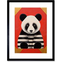 Artery8 Wall Art Print Panda with Stripes Fun Kids Bedroom Baby Nursery Bright Bold Artwork Red Black White Artwork Framed 9X7 Inch | Size: W7" x H9"