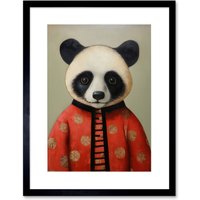 Artery8 Wall Art Print Panda Cub in China Uniform Fun Kids Bedroom Artwork Framed 9X7 Inch in Black | Size: W7" x H9"