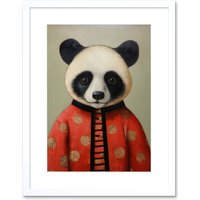 Artery8 Wall Art Print Panda Cub in China Uniform Fun Kids Bedroom Artwork Framed 9X7 Inch in White | Size: W7" x H9"