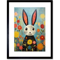 Wall Art Print Funny Bunny Modern Floral Rabbit Animal Artwork Bedroom or Nursery Artwork Framed 9X7 Inch W7" x H9"