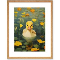 Wall Art Print Whirlpool Duckling Lily Pads & Flowers Bedroom Nursery Artwork Framed 9X7 Inch W7" x H9"