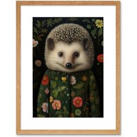 Artery8 Wall Art Print Hedgehog in Hedgerow Floral Jacket Cute Kids Bedroom Artwork Framed 9X7 Inch in Beige | Size: W7" x H9"