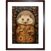 Artery8 Wall Art Print Autumn Hedgehog in Sunflower Robe Modern Artwork Framed 9X7 Inch in Brown | Size: W7" x H9"