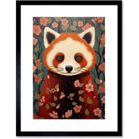 Artery8 Wall Art Print Red Panda Cute Tree Blossom Kids Bedroom Artwork Framed 9X7 Inch in Black | Size: W7" x H9"