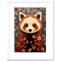 Artery8 Wall Art Print Red Panda Cute Tree Blossom Kids Bedroom Artwork Framed 9X7 Inch in White | Size: W7" x H9"