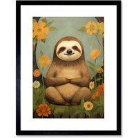 Artery8 Wall Art Print Smiling Sloth Meditating in Forest Flowers Kids Bedroom Artwork Framed 9X7 Inch in Black | Size: W7" x H9"