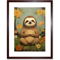 Artery8 Wall Art Print Smiling Sloth Meditating in Forest Flowers Kids Bedroom Artwork Framed 9X7 Inch in Brown | Size: W7" x H9"