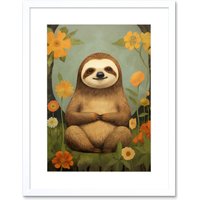 Artery8 Wall Art Print Smiling Sloth Meditating in Forest Flowers Kids Bedroom Artwork Framed 9X7 Inch in White | Size: W7" x H9"