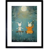 Artery8 Wall Art Print Rabbits on a Swing with Moonlit Butterflies Calming Baby Nursery Artwork Framed 9X7 Inch in Black | Size: W7" x H9"