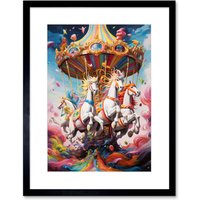 Artery8 Wall Art Print Magical Carousel in Rainbow Clouds Bright Bold Vibrant Fantasy Kids Bedroom Baby Nursery Artwork Framed 9X7 Inch