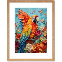 Artery8 Wall Art Print Vibrant Macaw Parrot Heavy Oil Paint with Butterflies & Flowers High Texture Artwork Framed 9X7 Inch in Beige | Size: W7" x H9"