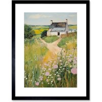 Artery8 Wall Art Print Country Farmhouse Cottage Scene Traditional Landscape Oil Painting Meadows Countryside Summer Artwork Framed 9X7 Inch