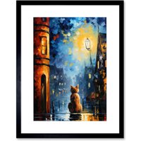Artery8 Wall Art Print A Street Cat Named Desire Palette Knife Oil Painting Ginger Cat Village Night Artwork Framed 9X7 Inch | Size: W7" x H9"