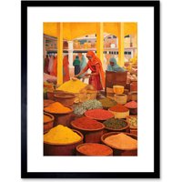 Artery8 Wall Art Print The Spice Market Herbs & Spices Colourful Kitchen Artwork Framed 9X7 Inch in Black | Size: W7" x H9"