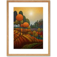 Artery8 Wall Art Print Autumn Fields Pointillism Painting Amber Orange Green Countryside Landscape Artwork Framed 9X7 Inch in Beige | Size: W7" x H9"