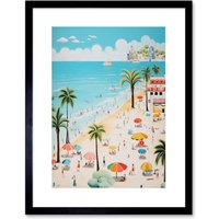 Artery8 Wall Art Print Day at the Beach Summer Holidays Stylised Artwork Pastel Colour Vacation Tourists Coastal Landscape Artwork Framed 9X7 Inch