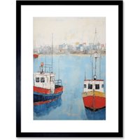 Artery8 Wall Art Print Trailer Trawler Boats in Harbour Oil Painting Red Blue Abstract Coastal Town Bathroom Artwork Framed 9X7 Inch