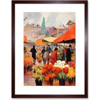 Artery8 Wall Art Print Busy Flower Market Warm Amber Orange Yellow Oil Painting Artwork Framed 9X7 Inch in Brown | Size: W7" x H9"