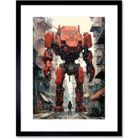 Artery8 Wall Art Print Red Mecha Robot in City Street Anime Sci-Fi Artwork Giant Humanoid Machine Fantasy Science Fiction Artwork Framed 9X7 Inch