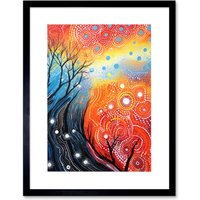 Artery8 Wall Art Print Contemporary Aboriginal Artwork in Blue & Orange Vibrant Abstract Forest Trees & Stars Artwork Framed 9X7 Inch